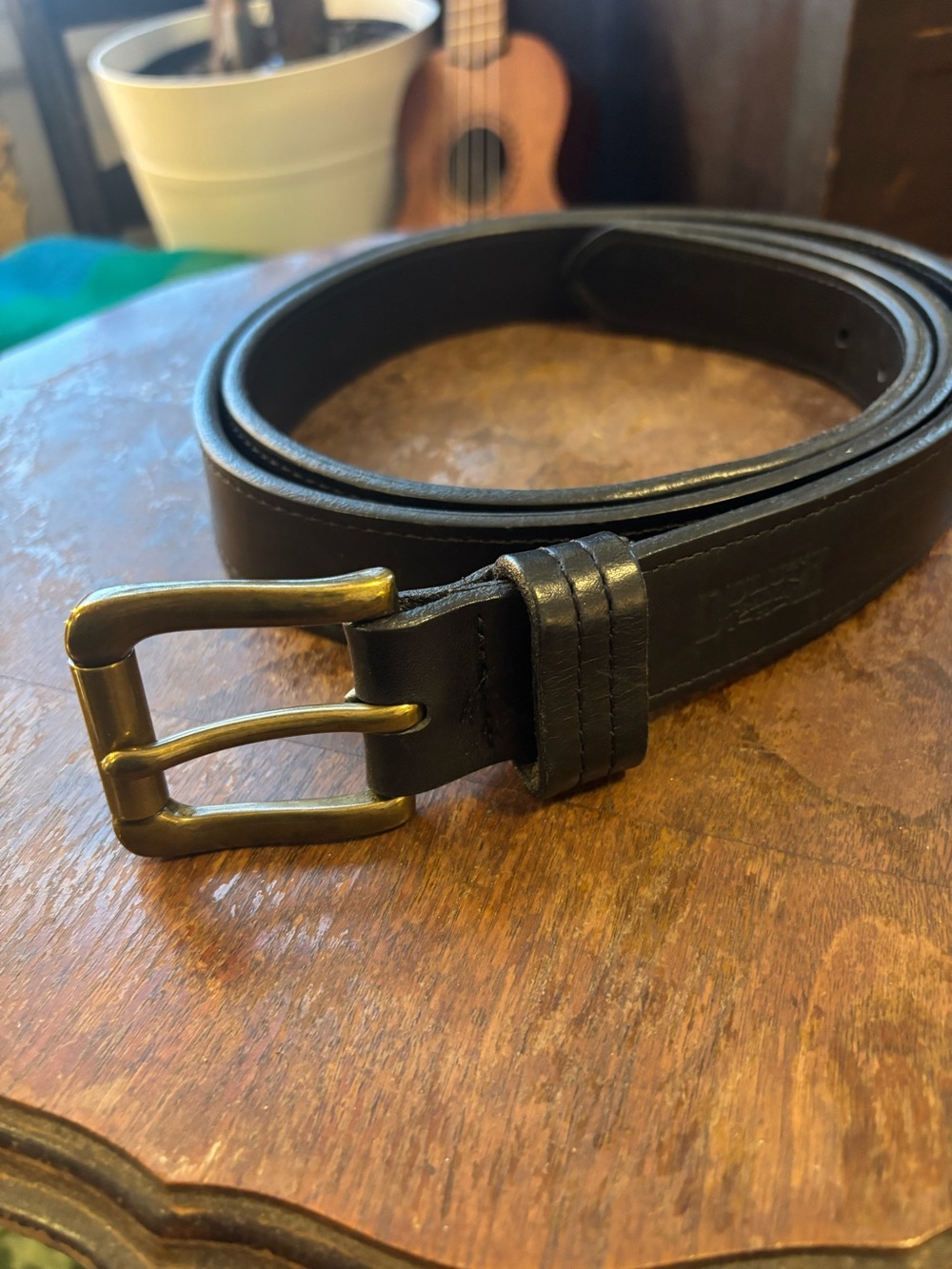 Duluth Trading Co Black Leather Belt with Brass Buckle
